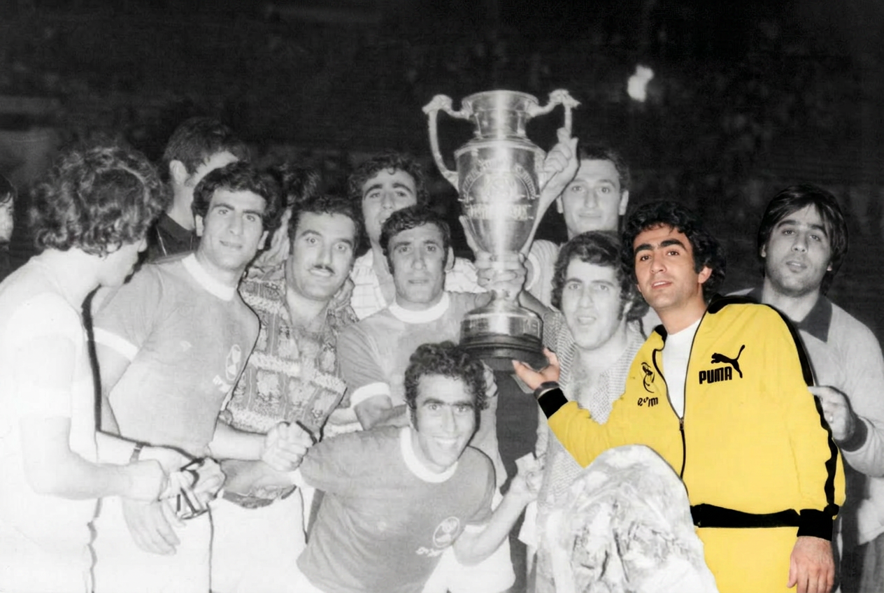 Mr. Moshe Ovadia (right, in Puma tracksuit) celebrating a championship with Beitar Jerusalem in the 1970s.